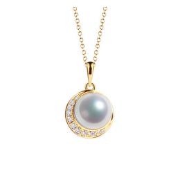 Pendentif couronne Or jaune Diamants. Perle Akoya