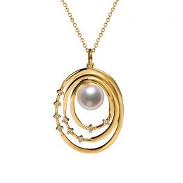 Pendentif perle Akoya Or jaune et diamants. Triple cercle