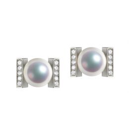 Boucles oreilles modernes forme rail. Or blanc, Diamants et Perles Akoya