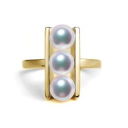 Bague 3 perles Akoya alignées et or jaune 18 carats