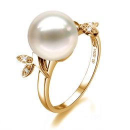 Bague Perle Or Jaune Diamant. Feuilles Étincelantes 