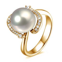 Bague voluptueuse or jaune et perle de culture blanche - Diamant pavé