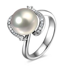 Bague voluptueuse or blanc et perle de culture blanche - Diamant pavé