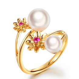 Bague or jaune Toi et Moi Perles Akoya. Fleurs, Saphirs roses