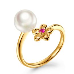 Bague fleur. Or jaune, perle Akoya et saphir rose