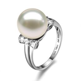 Bague or perle de culture - Perle blanche Chine - Or blanc, diamants