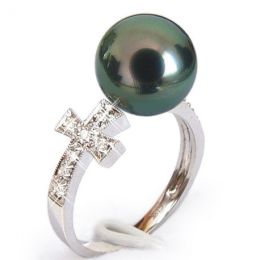 Bague croix romaine - Perle de Tahiti noire paon - Or blanc, diamants