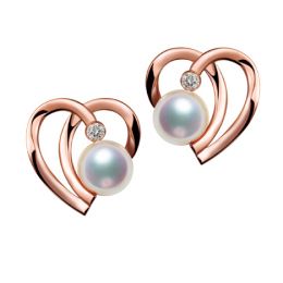 Boucles Coeur contemporain Or rose. Perles Akoya, Diamants. 