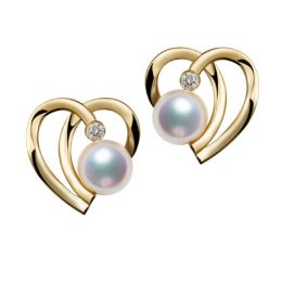 Boucles Coeur contemporain Or jaune. Perles Akoya, Diamants. 