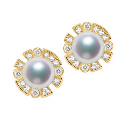 Boucles Oreilles Fleur Luxe. Perles Akoya, Or jaune, Diamants