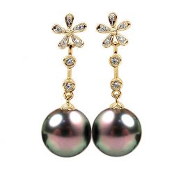 Création Boucles d'oreilles fleurs - Perles de Tahiti - Pendants or jaune, diamants