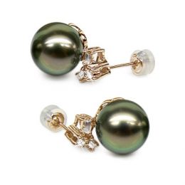 Boucles oreilles perles Tahiti - Or jaune - Diamants ronds, émeraudes