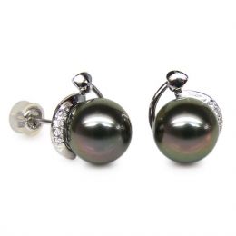 Boucles oreilles couronnes or blanc - Perles de Tahiti, diamants sertis