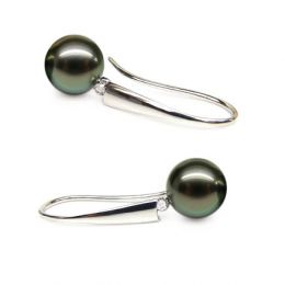 Boucles oreilles perles Tahiti - Crochets perles noires paons - Or blanc