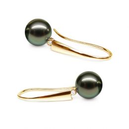 Boucles oreilles perles Tahiti - Crochets perles noires paons - Or jaune