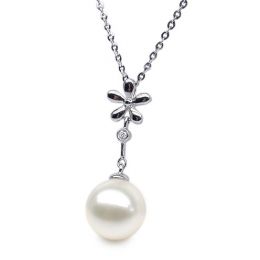 Pendentif fleur or blanc -  Perle eau douce blanche en suspension