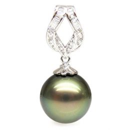 Pendentif ruban or blanc - Perle de Tahiti bronze - Diamants