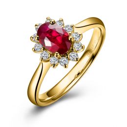 Bague rubis, diamants monture or jaune - Création florale classique