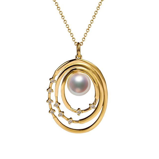 Pendentif perle Akoya Or jaune et diamants. Triple cercle