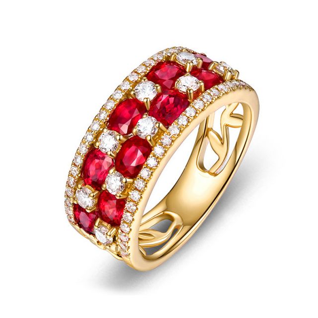 Bague damier Or jaune. Rubis et diamants alternés