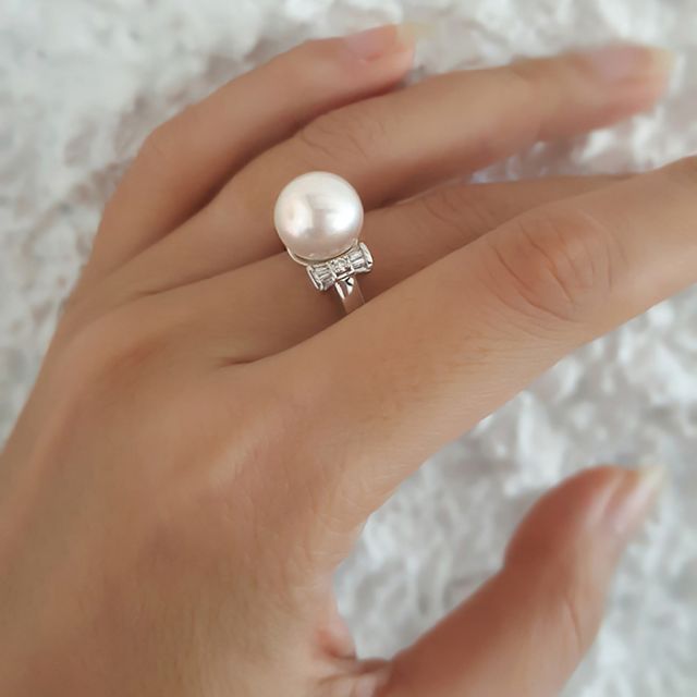 Bague or perle de culture - Perle blanche Chine - Or blanc, diamants