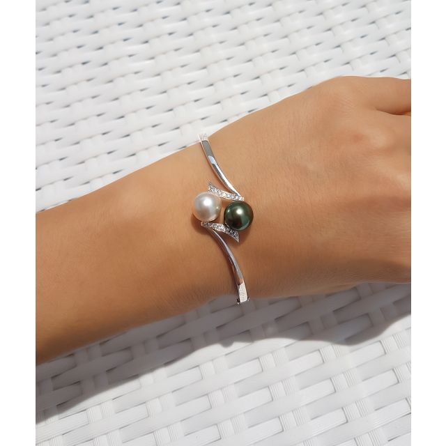 Bracelet or blanc, diamants et perles des mers du sud multicolores