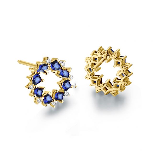 Boucle d oreille fleur de bleuet - Saphir, diamant, or jaune