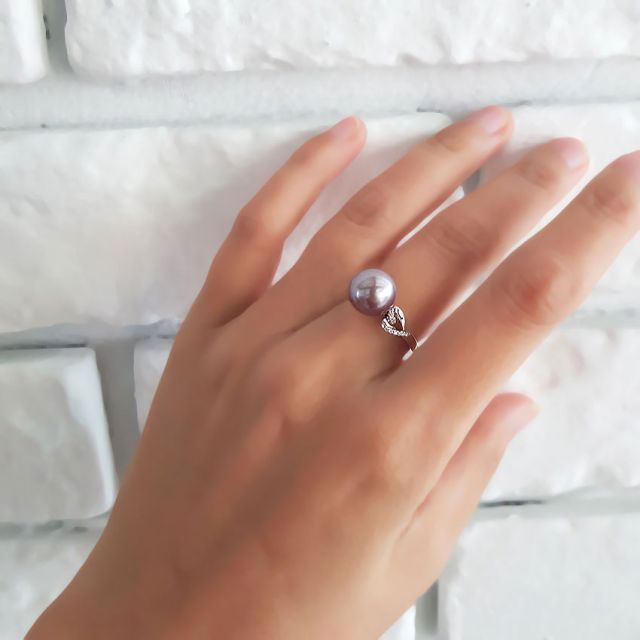 Bague coeur de perle diamanté - Or blanc et Perle d'eau douce lavande