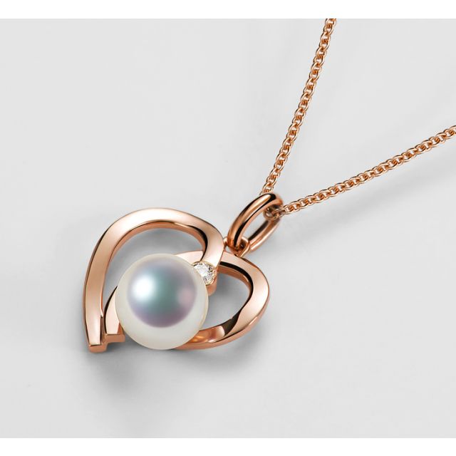 Pendentif Chiaky. Coeur moderne Or rose. Perle Akoya, Diamant