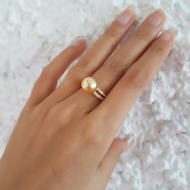 Bague des Australes - Perle d'Australie dorée - Or jaune, diamants