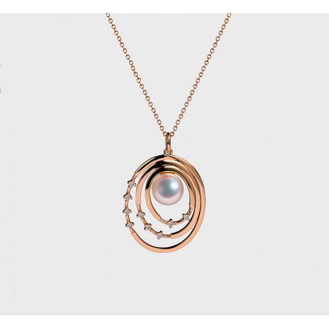 Pendentif perle Akoya Or rose et diamants. Triple cercle