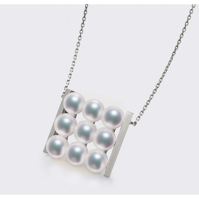 Pendentif 9 perles Akoya. Rails or blanc. Perles damier. Tezuka