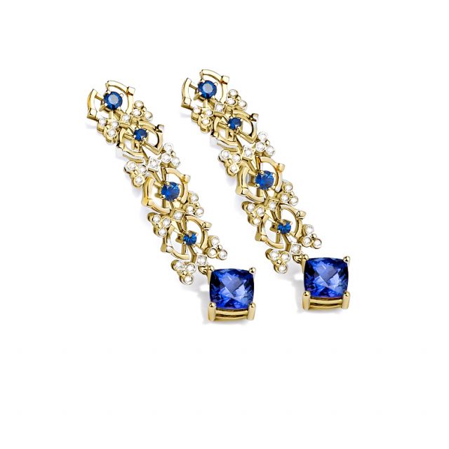 Boucle d oreille Saphir bleu, diamant - Or jaune