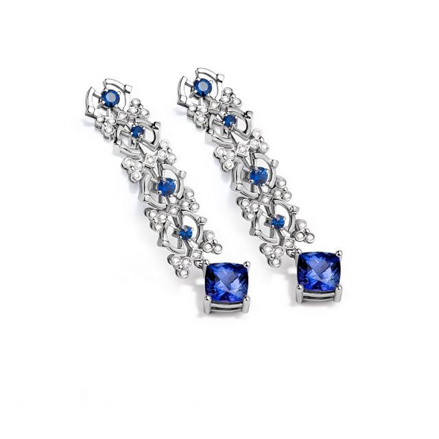 Boucle d oreille saphir bleu, diamant - Or blanc