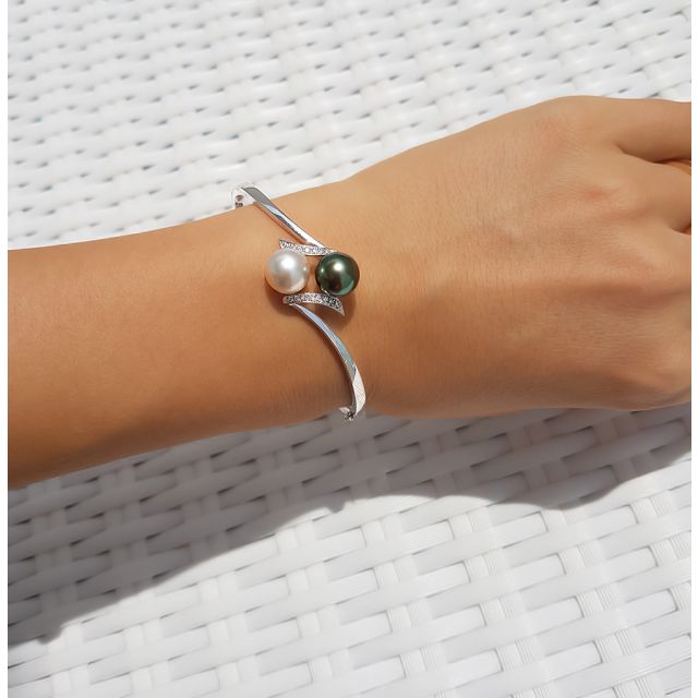 Bracelet or blanc, diamants et perles des mers du sud multicolores