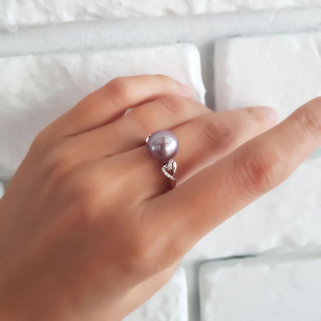 Bague coeur de perle diamanté - Or blanc et Perle d'eau douce lavande