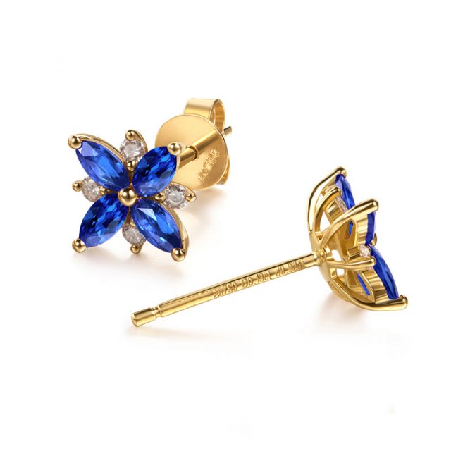 Boucle oreille fleur saphir bleu, diamant, or jaune - Véronique des ruisseaux