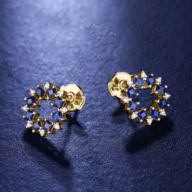 Boucle d oreille fleur de bleuet - Saphir, diamant, or jaune