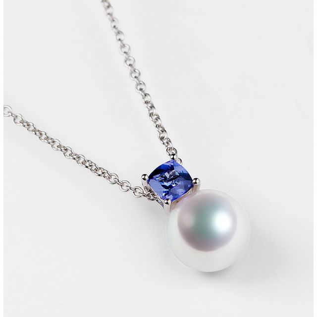 Pendentif Ginza. Mariage saphir et perle Akoya. Or blanc