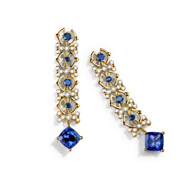 Boucle d oreille Saphir bleu, diamant - Or jaune