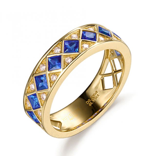 Bague saphir Dame de carreau. Or jaune & diamant