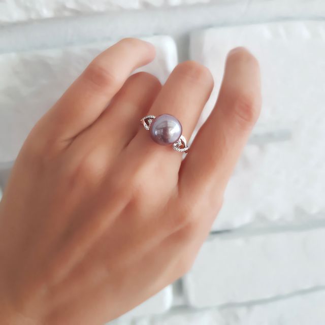 Bague coeur de perle diamanté - Or blanc et Perle d'eau douce lavande