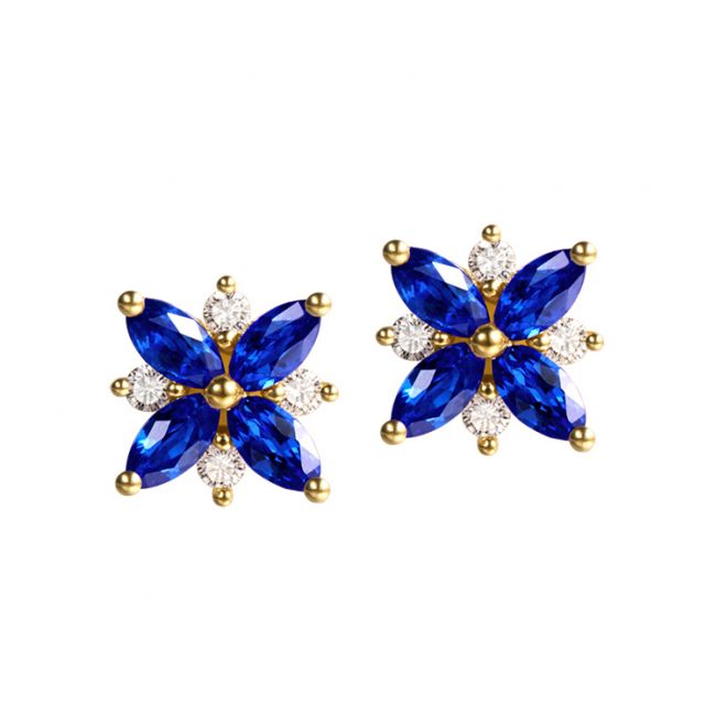 Boucle oreille fleur saphir bleu, diamant, or jaune - Véronique des ruisseaux