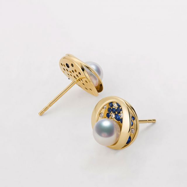 Boucle oreille perle Akoya I Constellation saphir diamant I Seiza, Or jaune