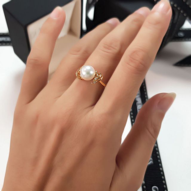 Bague fleur - Or jaune, Diamants - Perle de culture, Eau douce