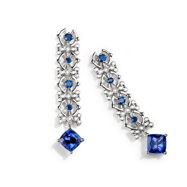 Boucle d oreille saphir bleu, diamant - Or blanc