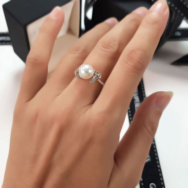 Bague fleur - Or blanc, Diamants - Perle de culture, Eau douce