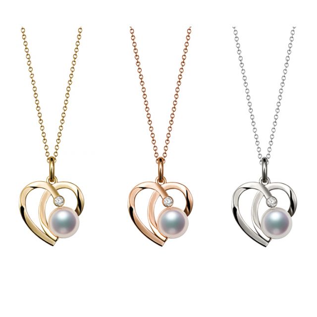 Pendentif Chiaky. Coeur moderne Or rose. Perle Akoya, Diamant