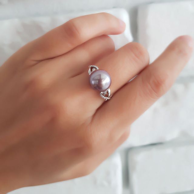 Bague coeur de perle diamanté - Or blanc et Perle d'eau douce lavande