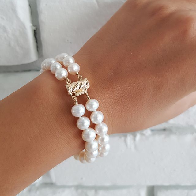 Bracelet double rang perles de culture - Perle blanche Chine - 7/7.5mm